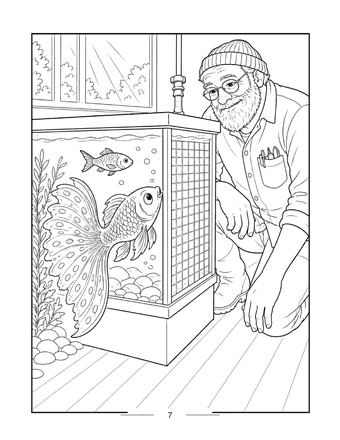 Fish tank coloring page: Yechiel kneeling beside a home aquarium, smiling at George the guppy and another fish, sunlight in the window