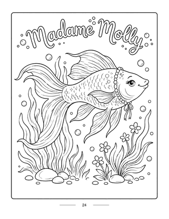 Molly fish coloring page: Madame Molly with long flowing fins and a pearl necklace, her name written above in curly letters