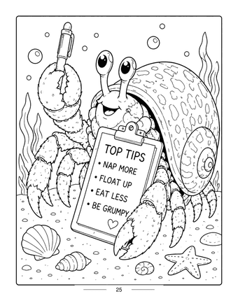 Hermit crab coloring page: Pinchy the hermit crab holding a pen and a clipboard of top tips, with seashells and a starfish