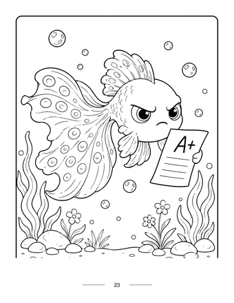 Guppy coloring page: George the grumpy guppy frowning at an A+ paper, with bubbles, flowers and seaweed