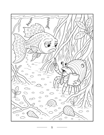 Guppy coloring page: George the guppy and Pinchy the hermit crab with his clipboard among mangrove roots and seashells