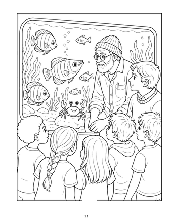 Aquarium coloring page: a group of children and Yechiel watching angelfish and a smiling crab in a big public aquarium tank