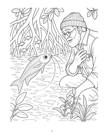 Fish coloring page: Yechiel in a woolly hat kneeling by a mangrove stream, meeting a big whiskered fish