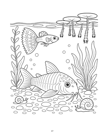 Fish coloring page: George the guppy and a corydoras catfish with snails, water plants and mosquito larvae under lily pads