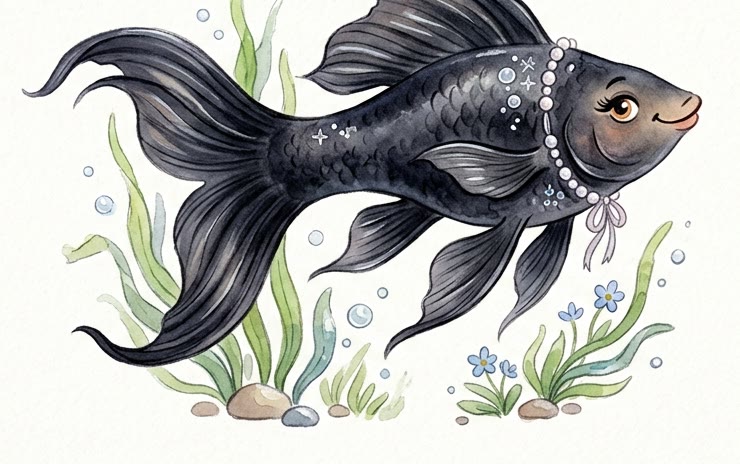 Madame Molly — watercolour illustration of an elegant black lyretail molly fish wearing a pearl necklace