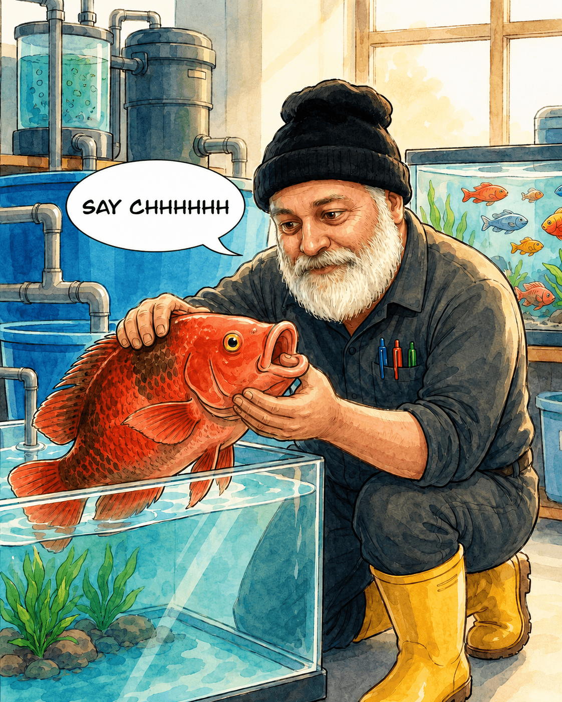 Yechiel teaching a fish to say his name
