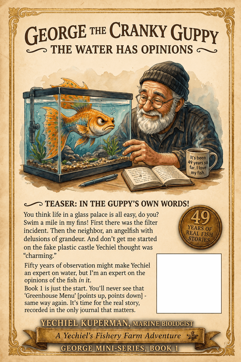 Back cover of Book 1: The Water Has Opinions — showing synopsis and author details for this Yechiel's Fishery Farm STEM book