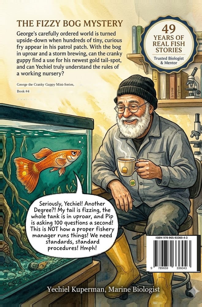 Back cover of Book 4: The Fizzy Bog Mystery — showing synopsis and author details for this Yechiel's Fishery Farm STEM book