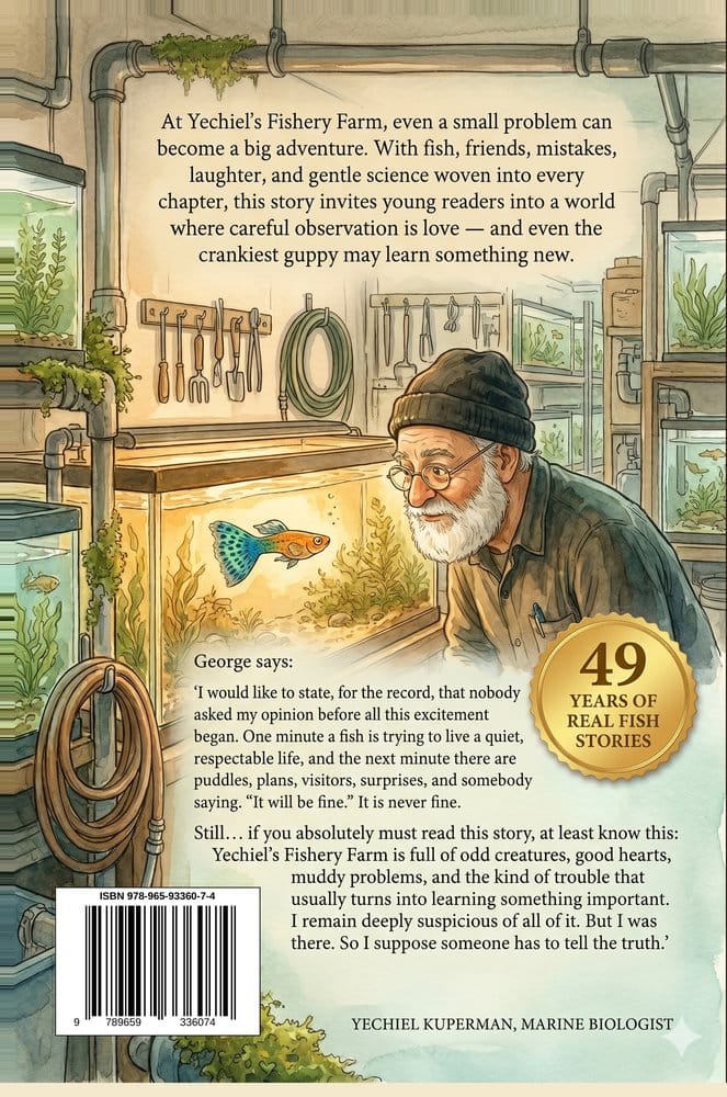 Back cover of Book 5: George Finds His Water — showing synopsis and author details for this Yechiel's Fishery Farm STEM book