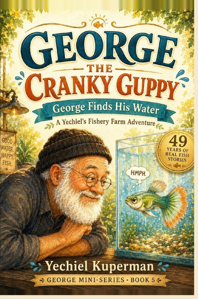 Book 5 cover — George Finds His Water, showing George the guppy in a perfectly planted freshwater tank