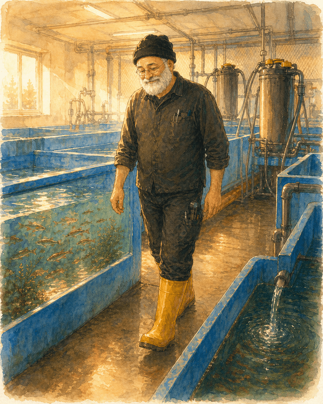 Watercolor illustration of Yechiel Kuperman walking through his fishery farm past tanks full of small tropical fish in warm golden light