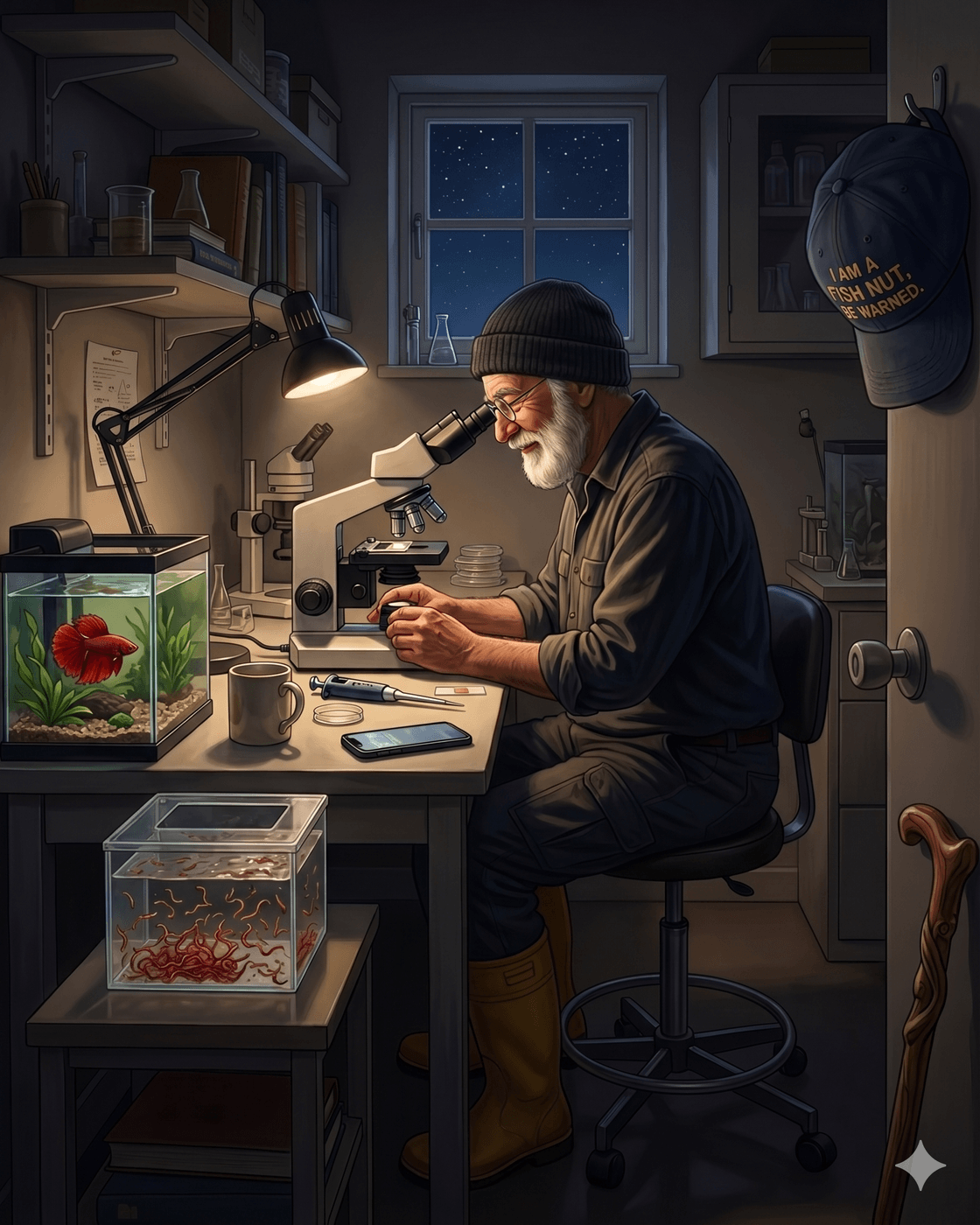 Pinchy reading from an ancient scroll, surrounded by lab equipment