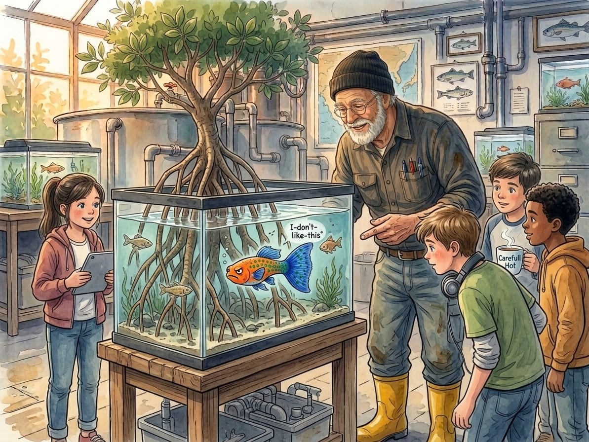 Watercolour illustration of Yechiel Kuperman showing three teenagers a mangrove tank with George the Cranky Guppy, inside the Fishery Farm workshop.