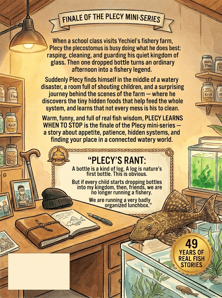 Back cover of Book 10: Plecy Learns When to Stop — showing synopsis and author details for this Yechiel's Fishery Farm STEM book