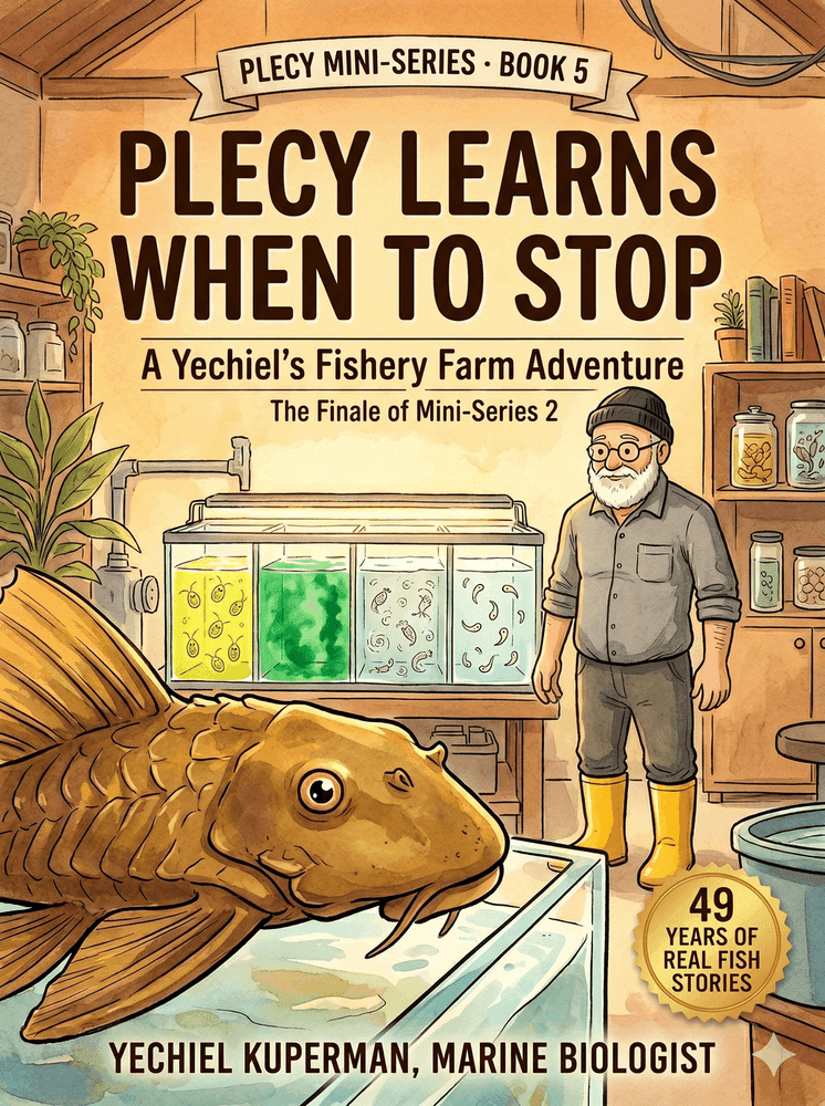 Front cover of Book 10: Plecy Learns When to Stop — illustrated STEM chapter book for children ages 7–10 by marine biologist Yechiel Kuperman, Yechiel's Fishery Farm series