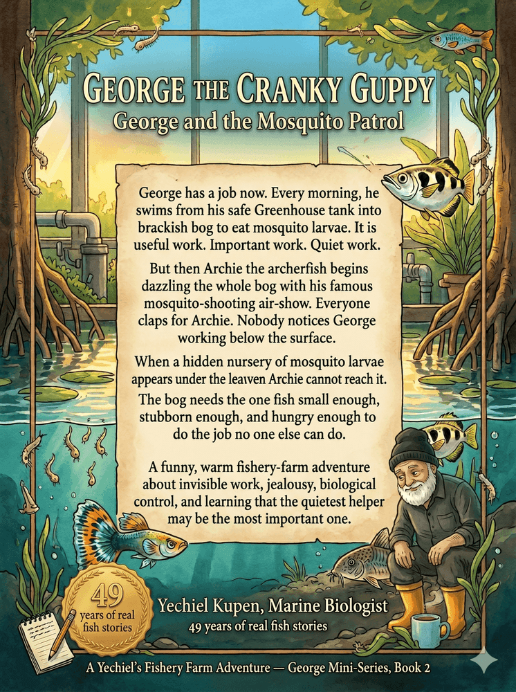 Back cover of Book 2: George and the Mosquito Patrol — showing synopsis and author details for this Yechiel's Fishery Farm STEM book
