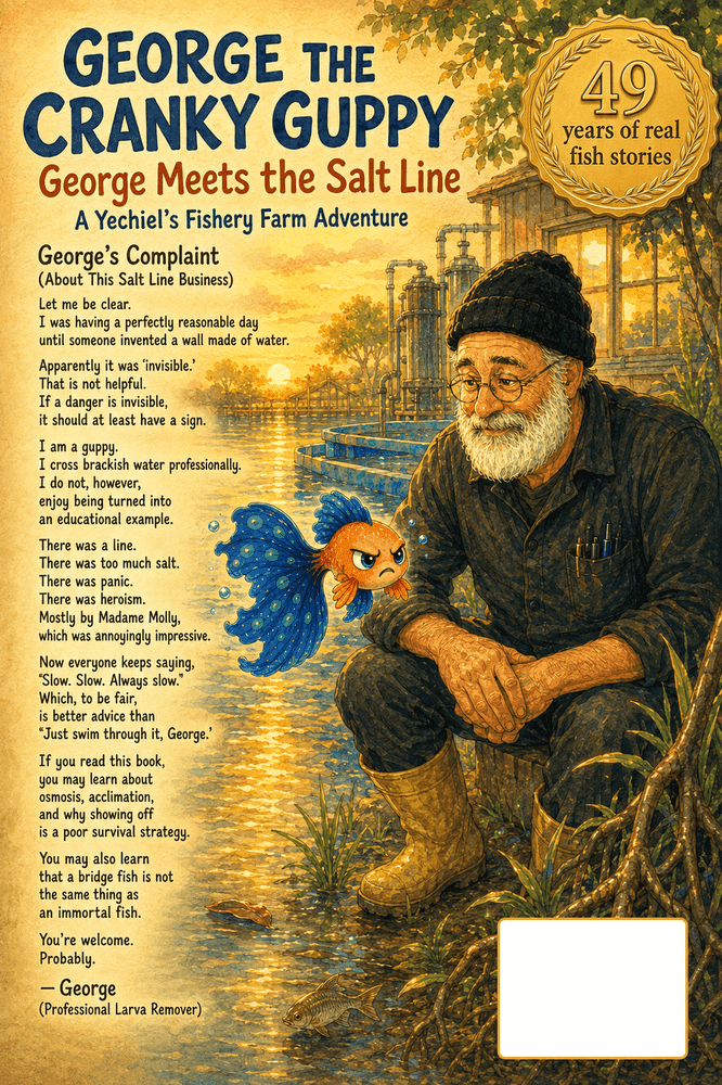 Back cover of Book 3: George Meets the Salt Line — showing synopsis and author details for this Yechiel's Fishery Farm STEM book