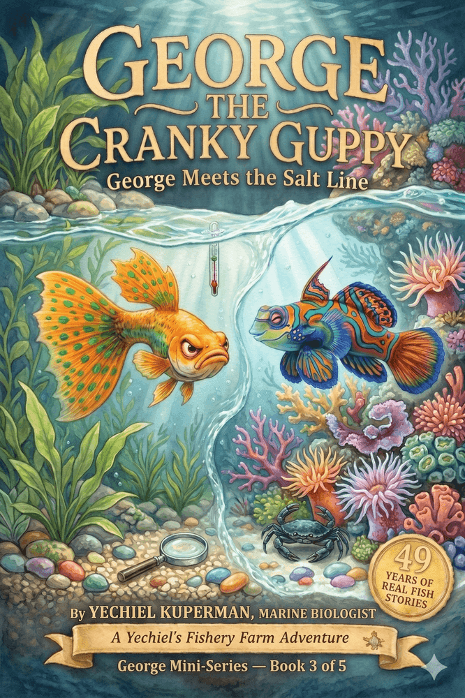 Front cover of Book 3: George Meets the Salt Line — illustrated STEM chapter book for children ages 7–10 by marine biologist Yechiel Kuperman, Yechiel's Fishery Farm series