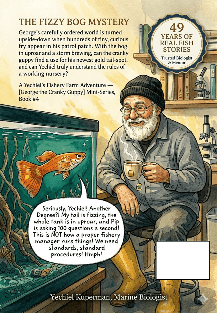 Back cover of Book 4: The Fizzy Bog Mystery — showing synopsis and author details for this Yechiel's Fishery Farm STEM book