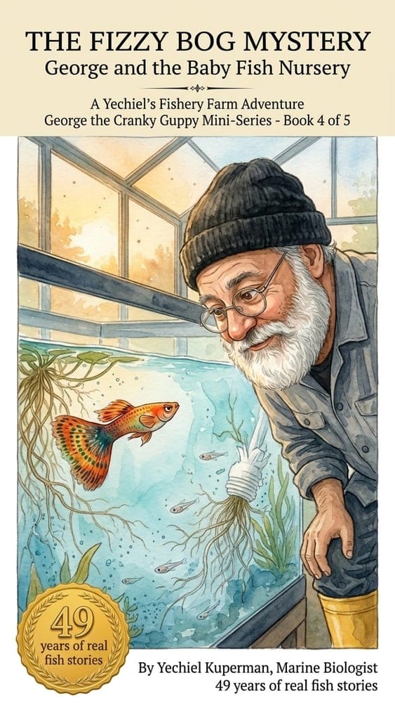 Front cover of Book 4: The Fizzy Bog Mystery — illustrated STEM chapter book for children ages 7–10 by marine biologist Yechiel Kuperman, Yechiel's Fishery Farm series