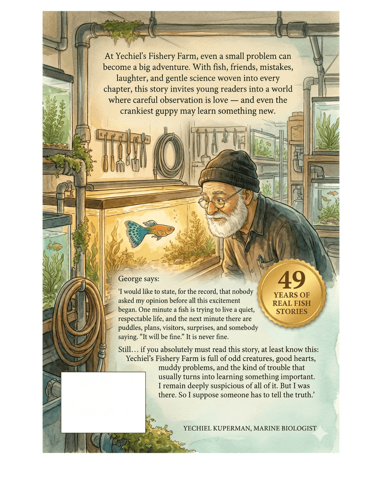 Back cover of Book 5: George Finds His Water — showing synopsis and author details for this Yechiel's Fishery Farm STEM book