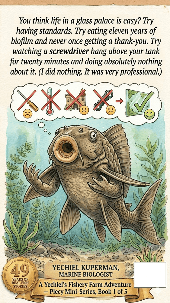 Back cover of Book 6: Plecy the Glutton Plecostomus — showing synopsis and author details for this Yechiel's Fishery Farm STEM book