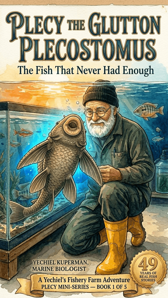 Front cover of Book 6: Plecy the Glutton Plecostomus — illustrated STEM chapter book for children ages 7–10 by marine biologist Yechiel Kuperman, Yechiel's Fishery Farm series