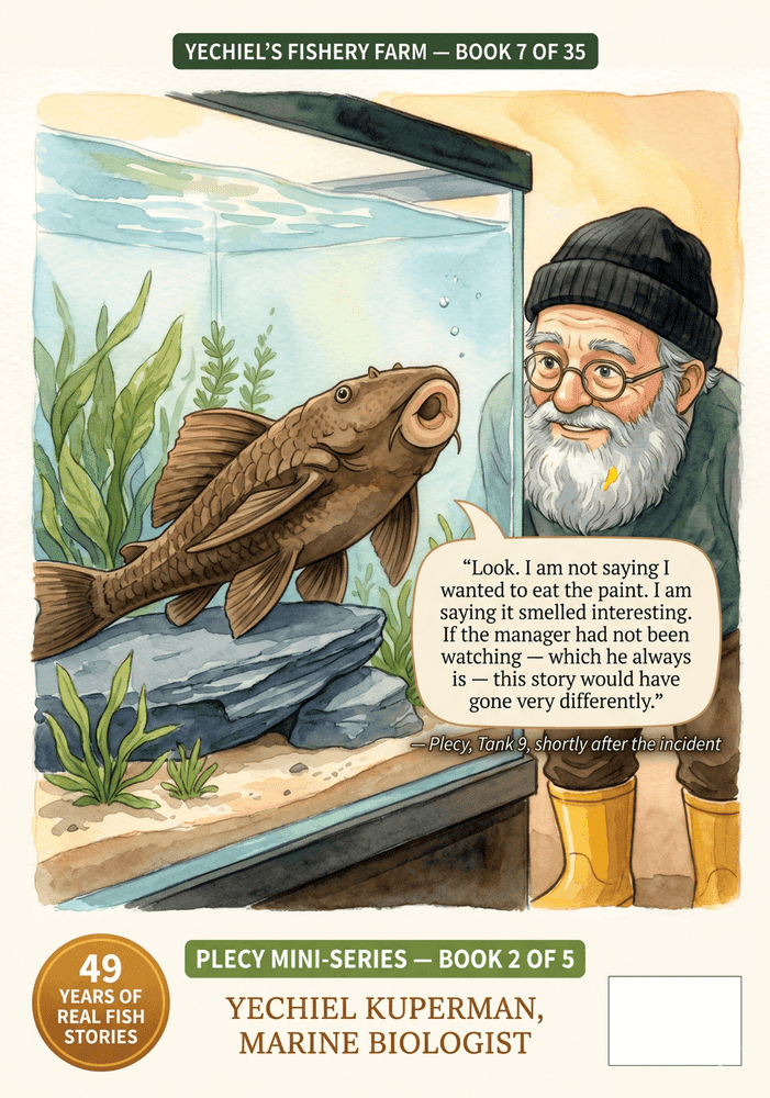 Back cover of Book 7: Plecy and the Mountain of Food — showing synopsis and author details for this Yechiel's Fishery Farm STEM book