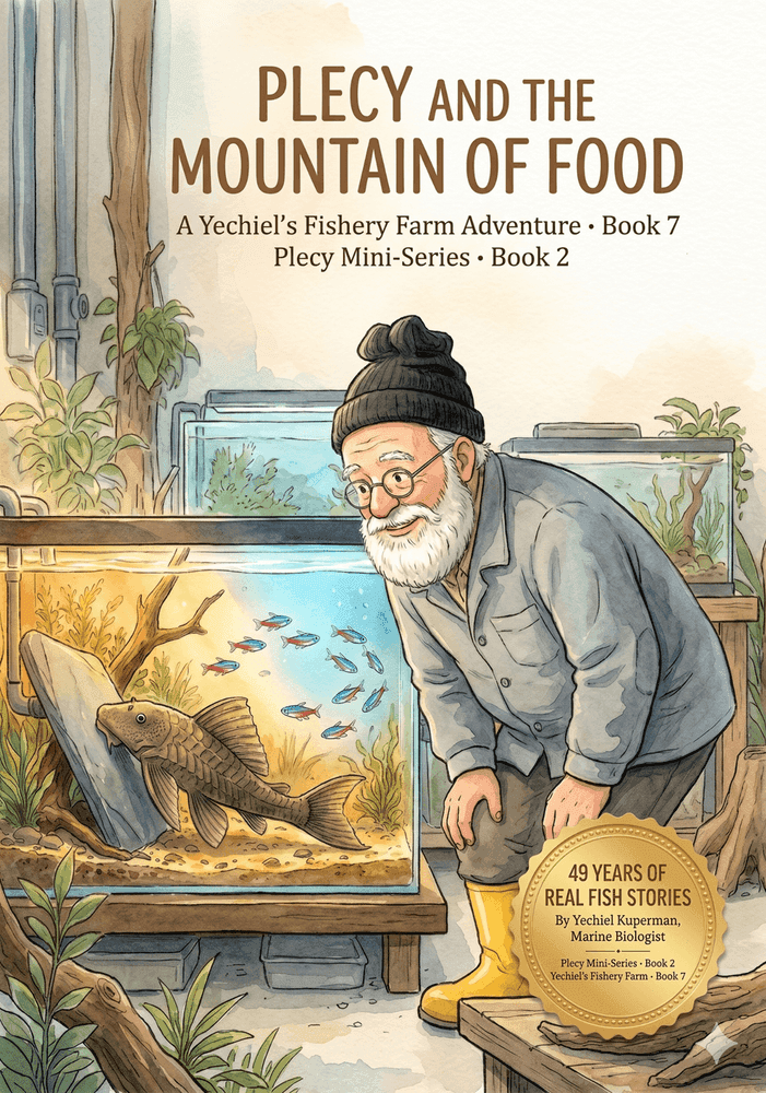 Front cover of Book 7: Plecy and the Mountain of Food — illustrated STEM chapter book for children ages 7–10 by marine biologist Yechiel Kuperman, Yechiel's Fishery Farm series