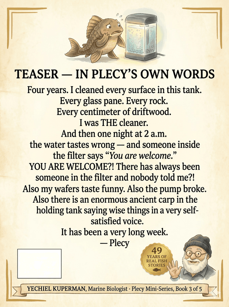 Back cover of Book 8: Plecy Meets Professor Nitra — showing synopsis and author details for this Yechiel's Fishery Farm STEM book
