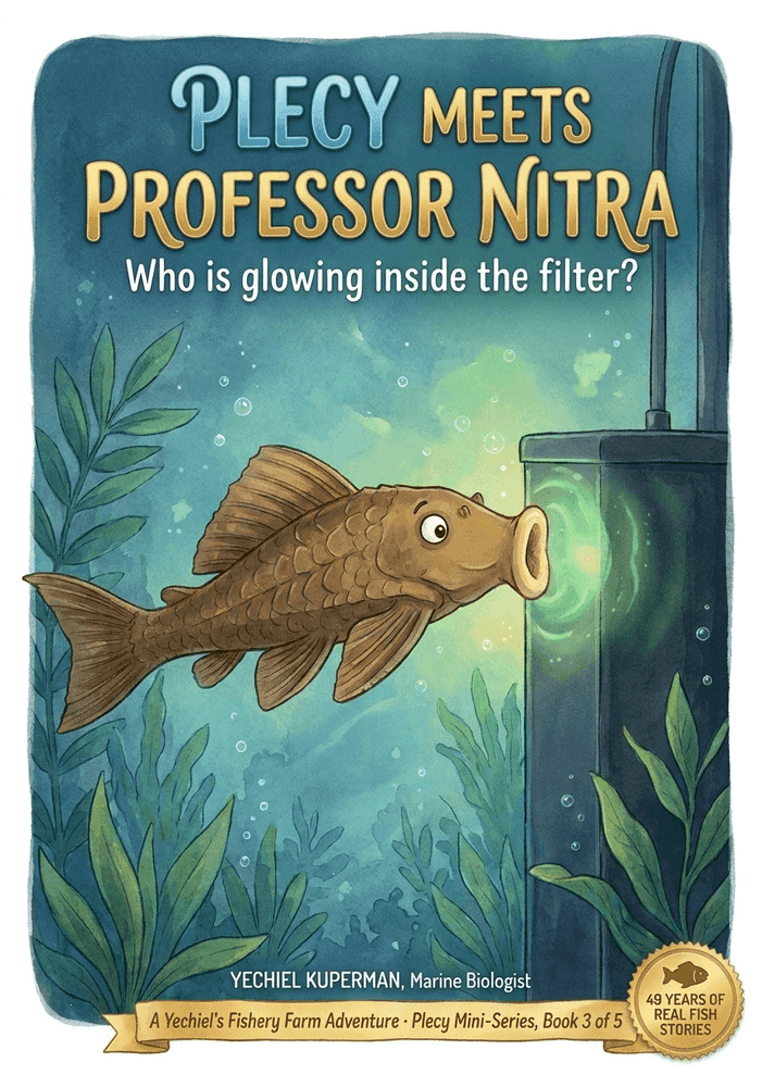 Front cover of Book 8: Plecy Meets Professor Nitra — illustrated STEM chapter book for children ages 7–10 by marine biologist Yechiel Kuperman, Yechiel's Fishery Farm series