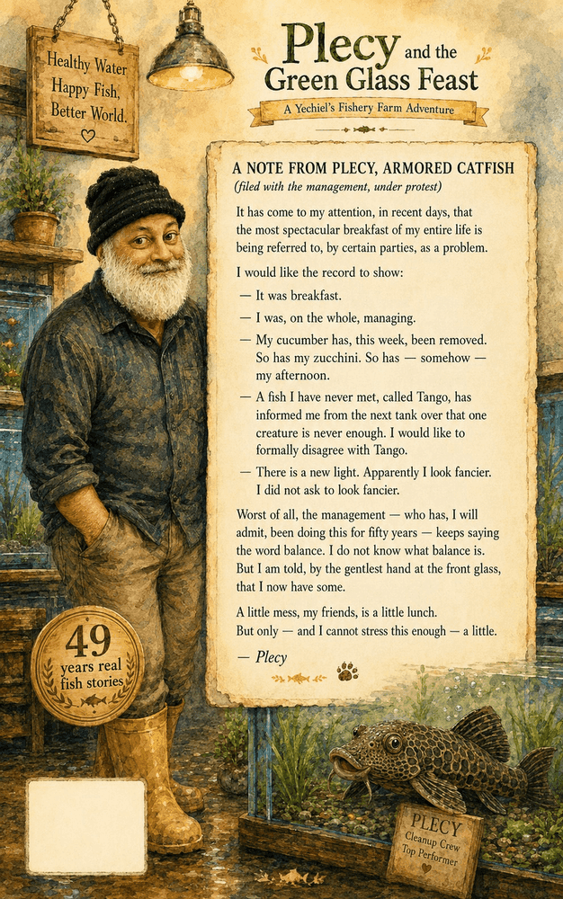 Back cover of Book 9: Plecy and the Green Glass Feast — showing synopsis and author details for this Yechiel's Fishery Farm STEM book