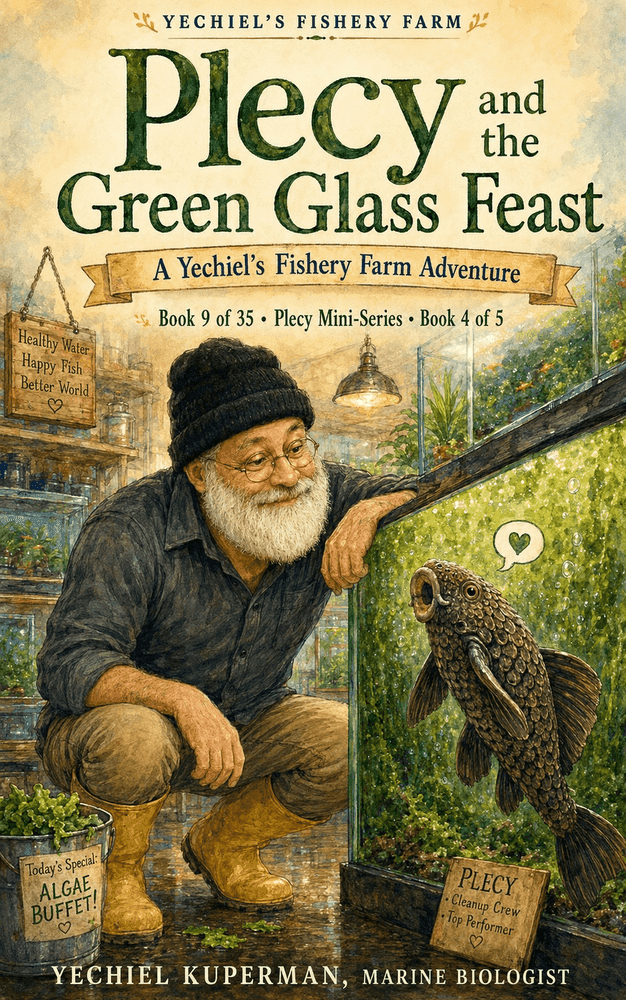 Front cover of Book 9: Plecy and the Green Glass Feast — illustrated STEM chapter book for children ages 7–10 by marine biologist Yechiel Kuperman, Yechiel's Fishery Farm series