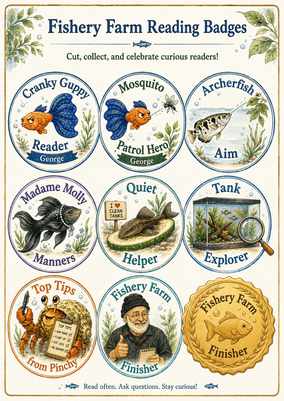 Reading Badges — Printable merit badges to reward students as they progress through books 1-10.