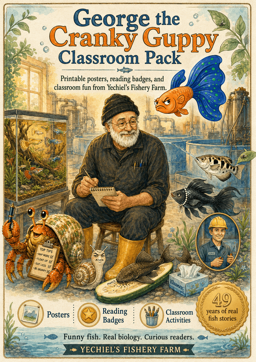 Classroom Pack Cover — The official Yechiel's Fishery Farm classroom pack cover featuring George and friends.