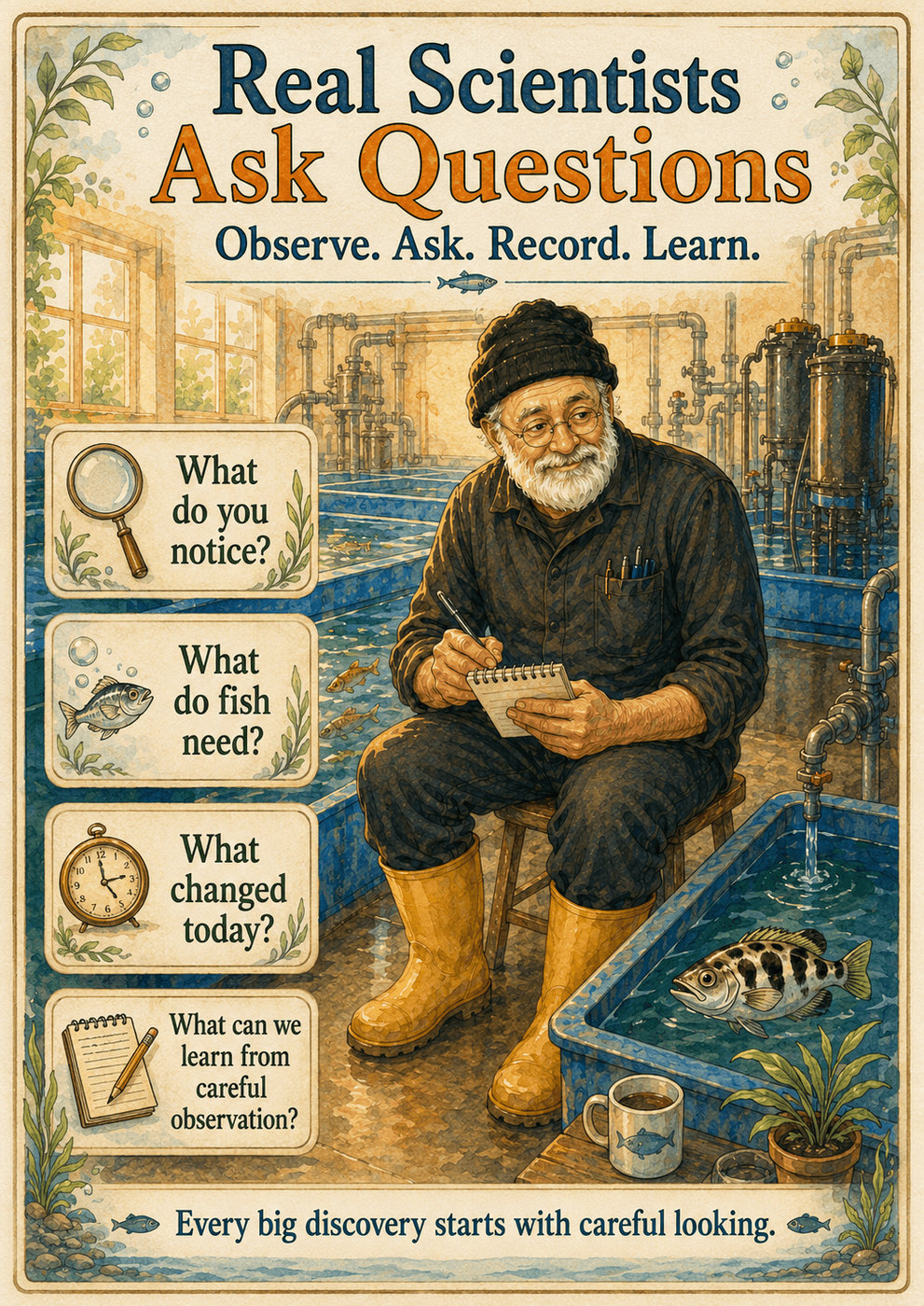 Real Scientists Ask Questions — Inspirational classroom poster encouraging scientific observation and recording mistakes.