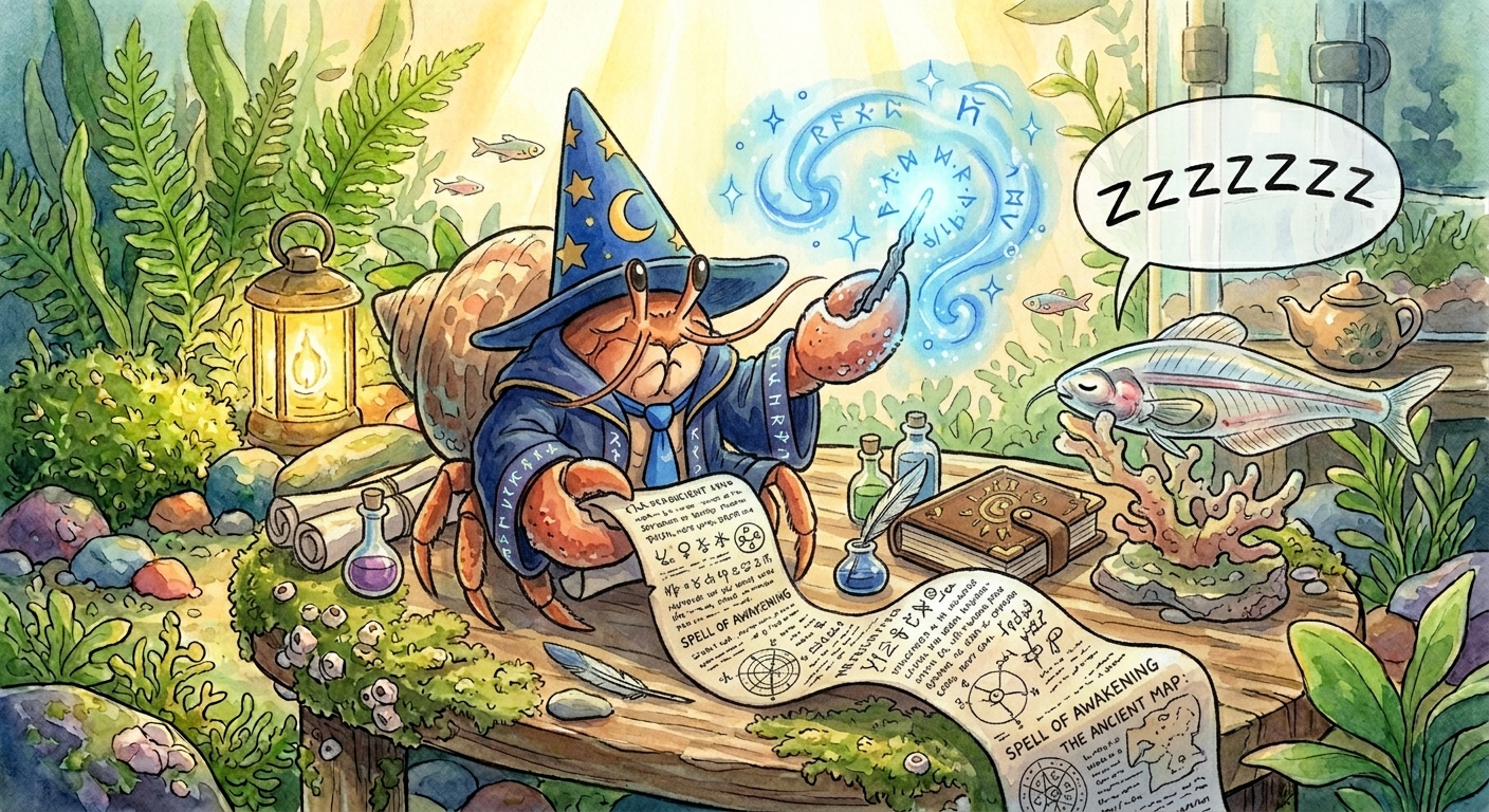 Pinchy the hermit crab unrolling an ancient scroll, reading carefully