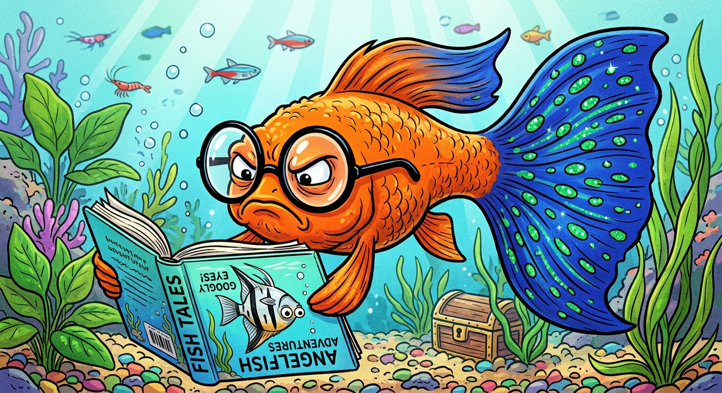 George the Guppy looking up from the page with a curious expression